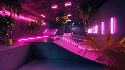 Futuristic indoor skate park with neon lights and greenery, showcasing skaters in an urban setting - Powered by Adobe