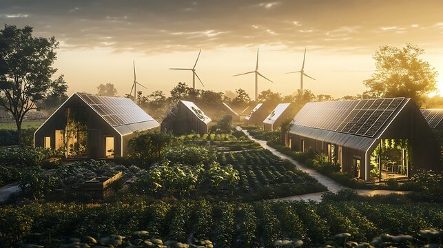 Sustainable village built with eco friendly homes renewable energy for green living community design solar power wind turbines environmental harmony modern rural lifestyle concept. - Powered by Adobe