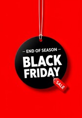 A minimalist graphic design for Black Friday.  large black circular tag, hanging from white strings, vibrant red background. Black Friday sale tag circle banner and the rope hanging on red background