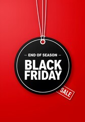 A minimalist graphic design for Black Friday.  large black circular tag, hanging from white strings, vibrant red background. Black Friday sale tag circle banner and the rope hanging on red background