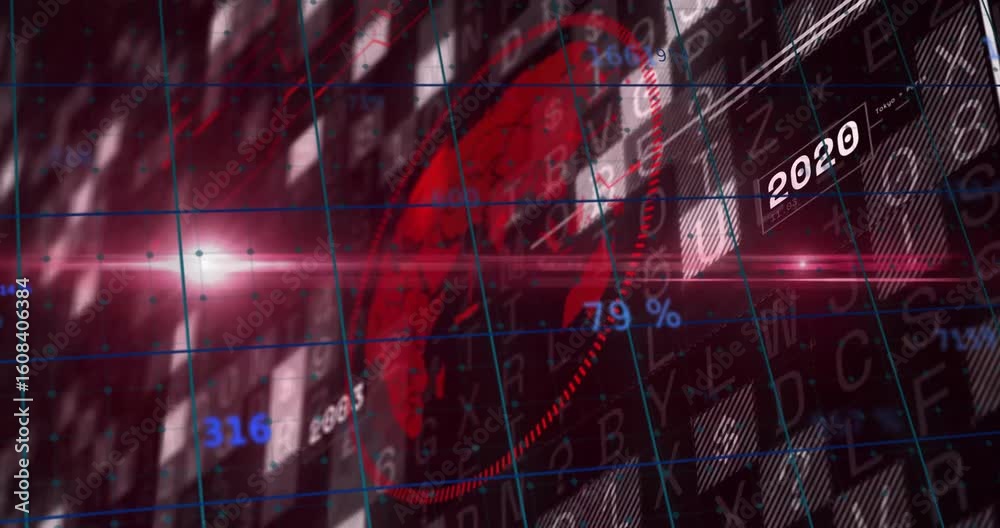 Poster data cells emerging over grid starting red globe rotating and pulsing while illustrating timeline