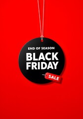 Black Friday sale tag circle banner and the rope hanging on red background, A minimalist graphic design for Black Friday. large black circular tag, hanging from white strings, a vibrant red background