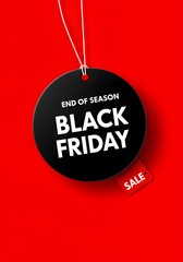 A minimalist graphic design for Black Friday, Black Friday sale tag circle banner and the rope hanging on red background, hanging from white strings, a vibrant red background.large black circular tags