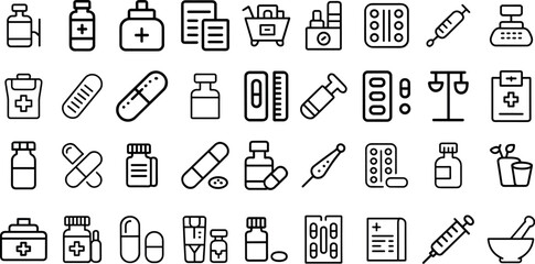 Pharmacy line icons set, medicine, healthcare, treatment, clinic, pharmacy doctor, ambulance,  nurse, pills, and more  vector illustration