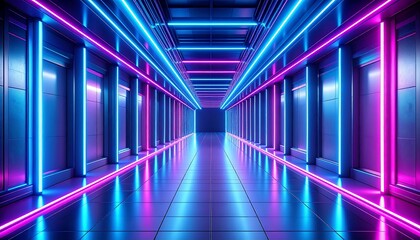 Neon-lit corridor, futuristic hallway