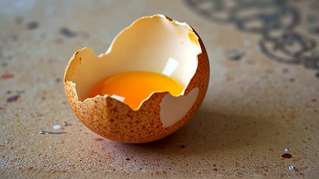 A close-up of a cracked eggshell with a bright yellow yolk inside, set against a textured background
