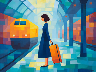 woman waiting for her train at busy urban railway station with suitcase