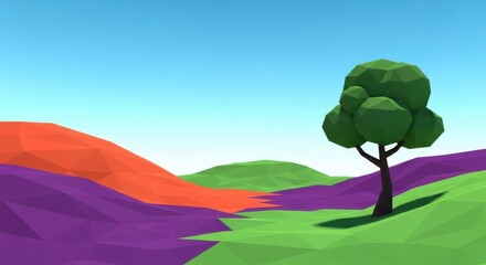 Abstract Stylized Landscape with Rolling Hills and a Lone Tree