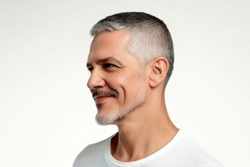 Obraz premium Pattern of style for aging men. Fashionable men's low fade haircut - midlife middle eastern man with short hair. Pure white solid background. A refined and stylish man with a natural look.