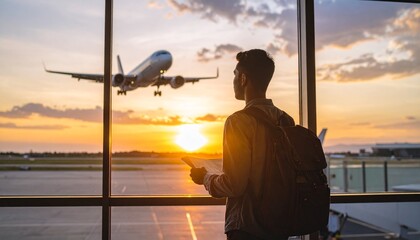 Young traveler watching airplane take off at sunset in airport