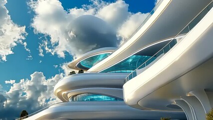 Modern architectural marvel with futuristic design, surrounded by dramatic clouds and blue sky