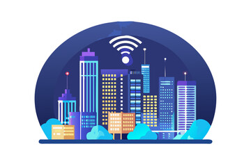 Obraz premium Modern city with wireless network connection and city scape concept.Wireless network and Connection technology concept with city background at night.