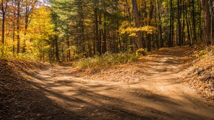 Fototapeta premium A winding dirt path through an autumn forest, lined with golden leaves under soft sunlight. 