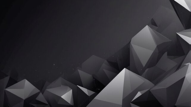 Dark abstract background with a cluster of low-poly, faceted geometric shapes in shades of grey.