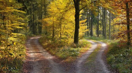 Obraz premium A winding dirt path through an autumn forest, lined with golden leaves under soft sunlight. 