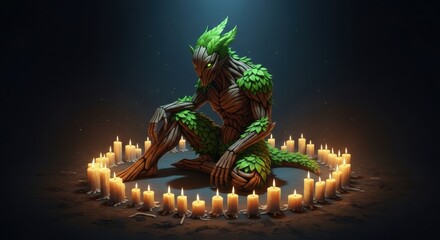 Ancient Forest Guardian Sitting in Candlelight Ritual