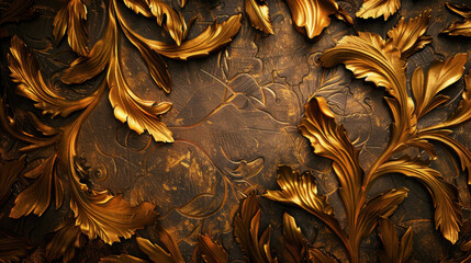 Stunning gold foil emboss texture featuring intricate floral ornamental designs, creating luxurious and elegant appearance. rich details evoke sense of opulence and artistry