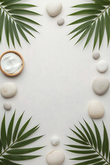 A minimalist spa flat with smooth spa stones, wooden bowls, and lush tropical leaves creates a natural, calming aesthetic with a balanced composition and negative space in the center.