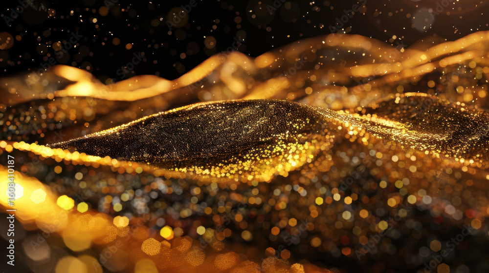 Wall mural golden glitter waves flowing across glowing background create mesmerizing visual effect. shimmering 