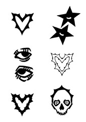 Set of gothic symbols: hearts, stars with eyes, skull, eyes