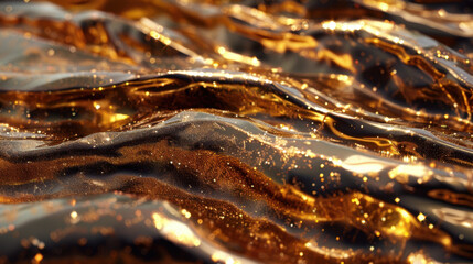 Golden glitter waves create mesmerizing visual with soft depth of field, evoking sense of luxury and elegance. shimmering surface reflects light beautifully, enhancing overall aesthetic