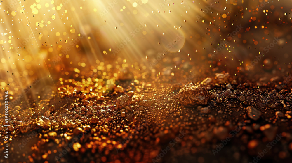 Poster golden particles cascading on smooth gradient background create mesmerizing effect, evoking sense of