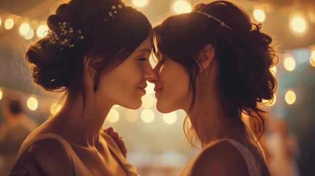 A loving lesbian couple sharing a romantic wedding kiss to celebrate their love and commitment to each other. The tender moment captures the joy and happiness of their special day.