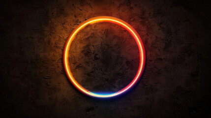 Vibrant circular neon light glowing against textured dark background, creating striking visual contrast. colors transition smoothly from orange to blue, evoking sense of modernity and creativity