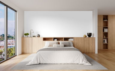 Complete Bedroom Interior with Wooden Built-in Wall, Bed, and Natural Light – Transparent Background PNG