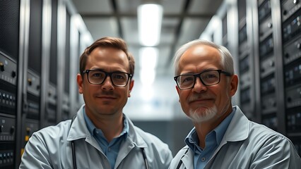 Two technicians working in a data center with server racks softly blurred behind them.