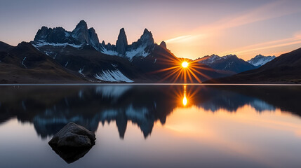 Sunrise on the towers of Paine reflected in Lago Amarga in Torres del Paine National Park; Patagonia, Chile