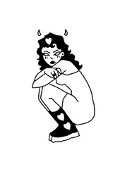 Cute stylized devil girl with heart details. Unique black and white illustration