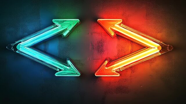Neon arrows glowing in contrasting colors on a textured wall, symbolizing direction and choice