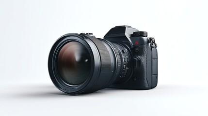 Black camera with large lens sits against white background in bright studio lighting