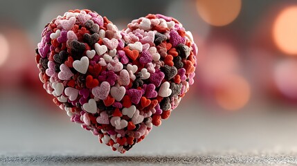 Romantic art scene of merging small hearts creating a large heart floating on light red bokeh