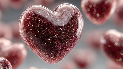 Romantic art scene of merging small hearts creating a large heart floating on light red bokeh