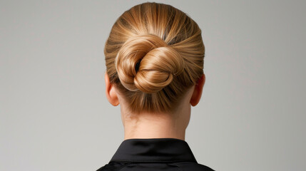 Elegant high bun hairstyle with smooth finish, showcasing clean and polished look. This sophisticated updo is perfect for formal occasions or professional settings