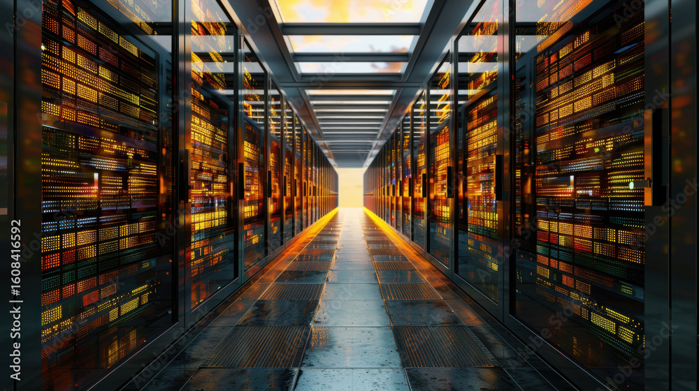 Poster high tech data storage architecture with illuminated server racks creating vibrant corridor. warm gl