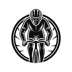 Cyclist in helmet riding bicycle inside circle emblem