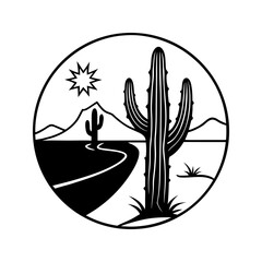Circular desert landscape with saguaro cactus and winding road