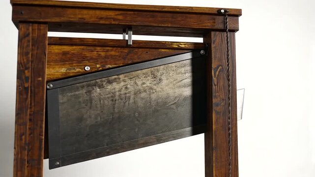 Antique wooden guillotine with a metallic blade, set against a minimalist background, emphasizing craftsmanship