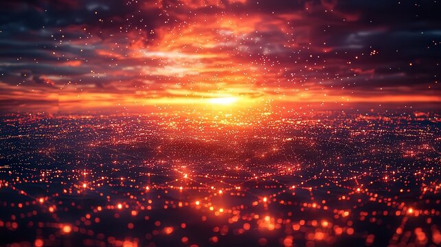 Vibrant sunset over a cityscape, showcasing glowing ights and dramatic clouds,perfect for evoking warmthand inspiration in commercal projects.