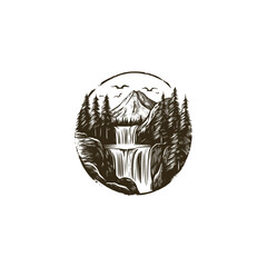 Majestic waterfalls in the forest design vector template illustration