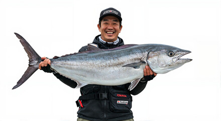大物を釣り上げた笑顔の日本人男性、白背景で釣果を見せるプロポートレート、成功したフィッシングの記録 -生成AI