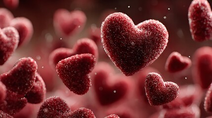 Small hearts flying and joining into big heart over warm red background with dreamy glow