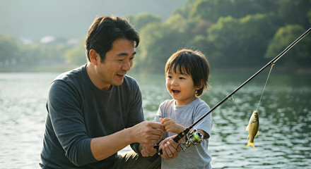 湖畔で釣りを楽しむ親子の姿、父親が子供に釣りを教える家族の絆とアウトドア体験のひととき -生成AI