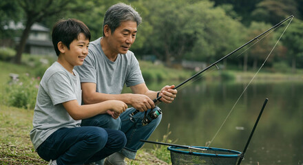 湖畔で釣りを楽しむ親子の姿、父親が子供に釣りを教える家族の絆とアウトドア体験のひととき -生成AI