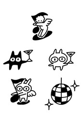 Quirky cartoon characters: angel, cats with drinks, disco ball