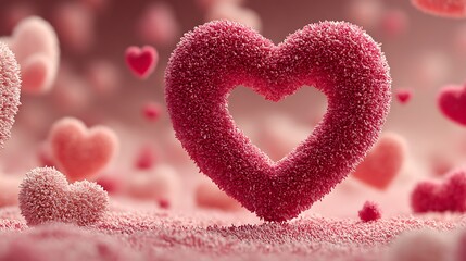 Romantic wallpaper with central floating big heart formed by countless little bright hearts