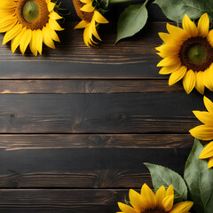 Bright yellow sunflowers on natural rustic texture wooden board. Mockup banner with flowers of the sunflower on dark background with copy space. Autumn harvest, abundance, natural products concept
